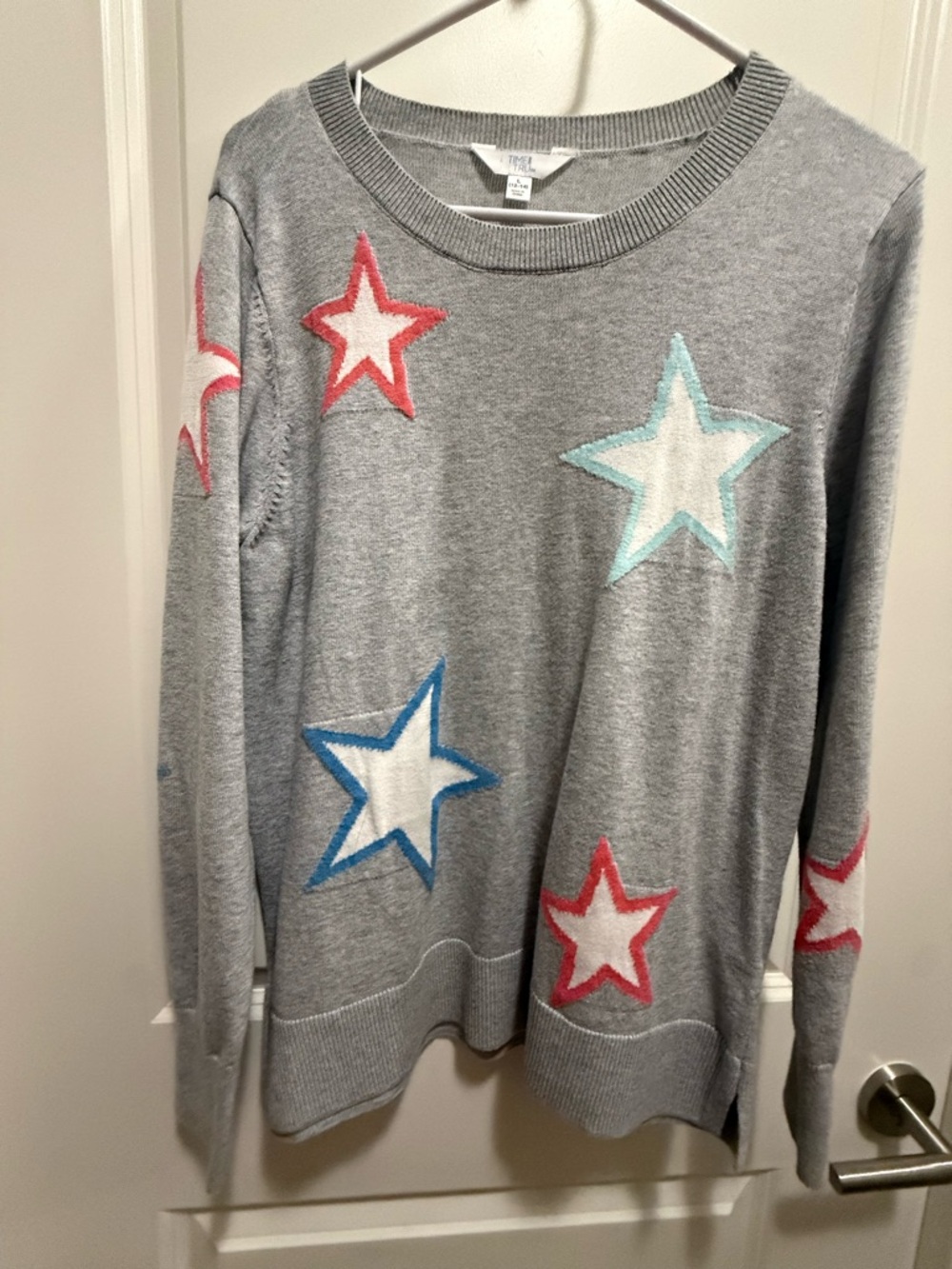 Time and Tru Gray Crewneck Sweater with Multicolor Stars.